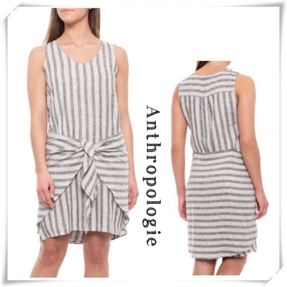 ANTHROPOLOGIE Drew Linen Coastal Sleeveless Stripe Waist tie Short Dress Size M